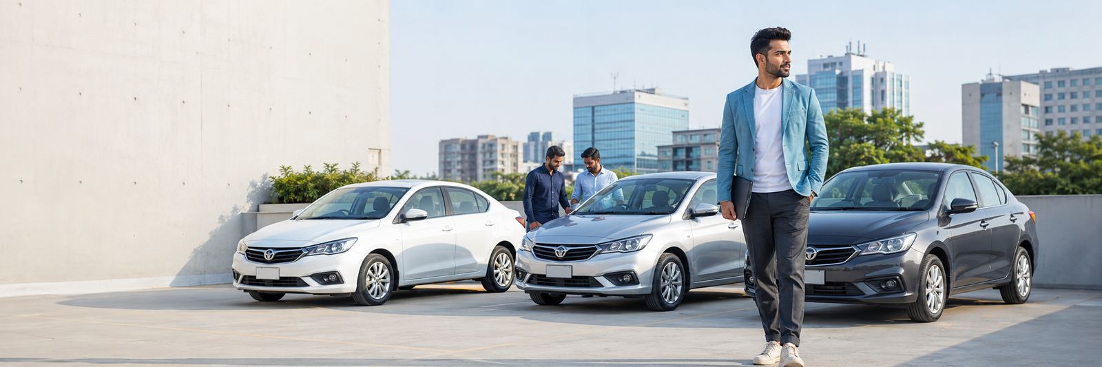 Fleet of sedans parked with drivers nearby