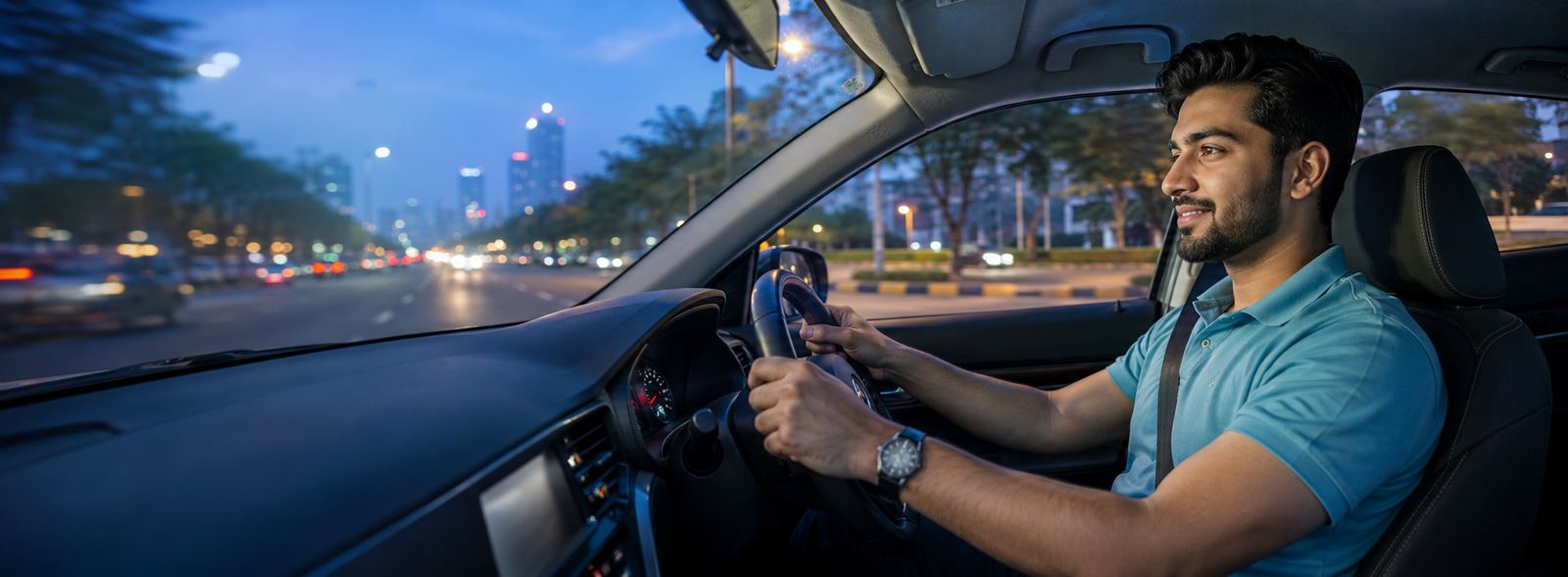 Driver-partner driving through the city at night