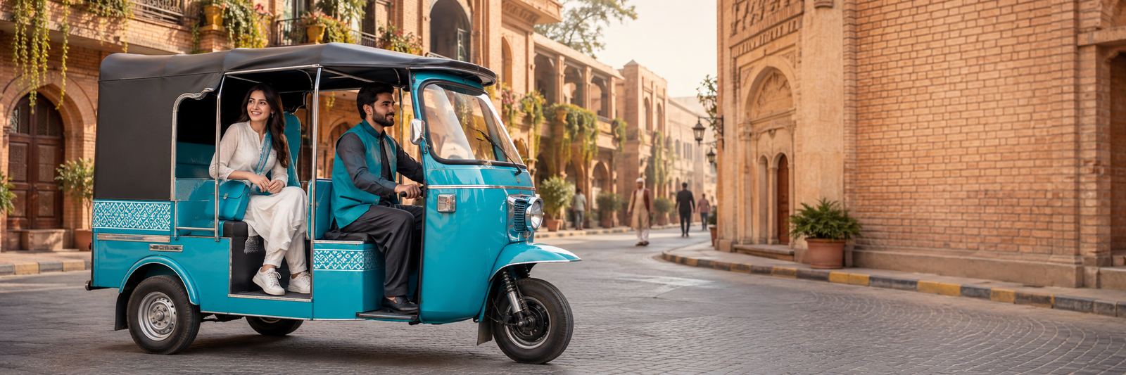 Rickshaw with passengers on a heritage street